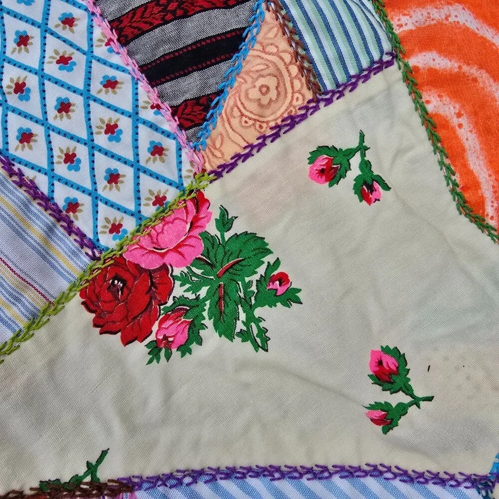 Vintage Crazy Quilt Top 1940s 50s Feedsack Patchwork Hand Embroidery 66x85